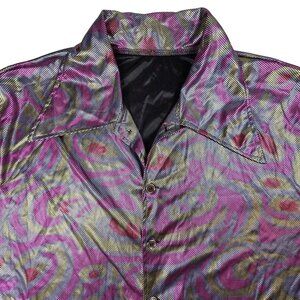 Vintage Disco Style Metallic Button-Up Shirt With Psychedelic Swirl Pattern 3XL